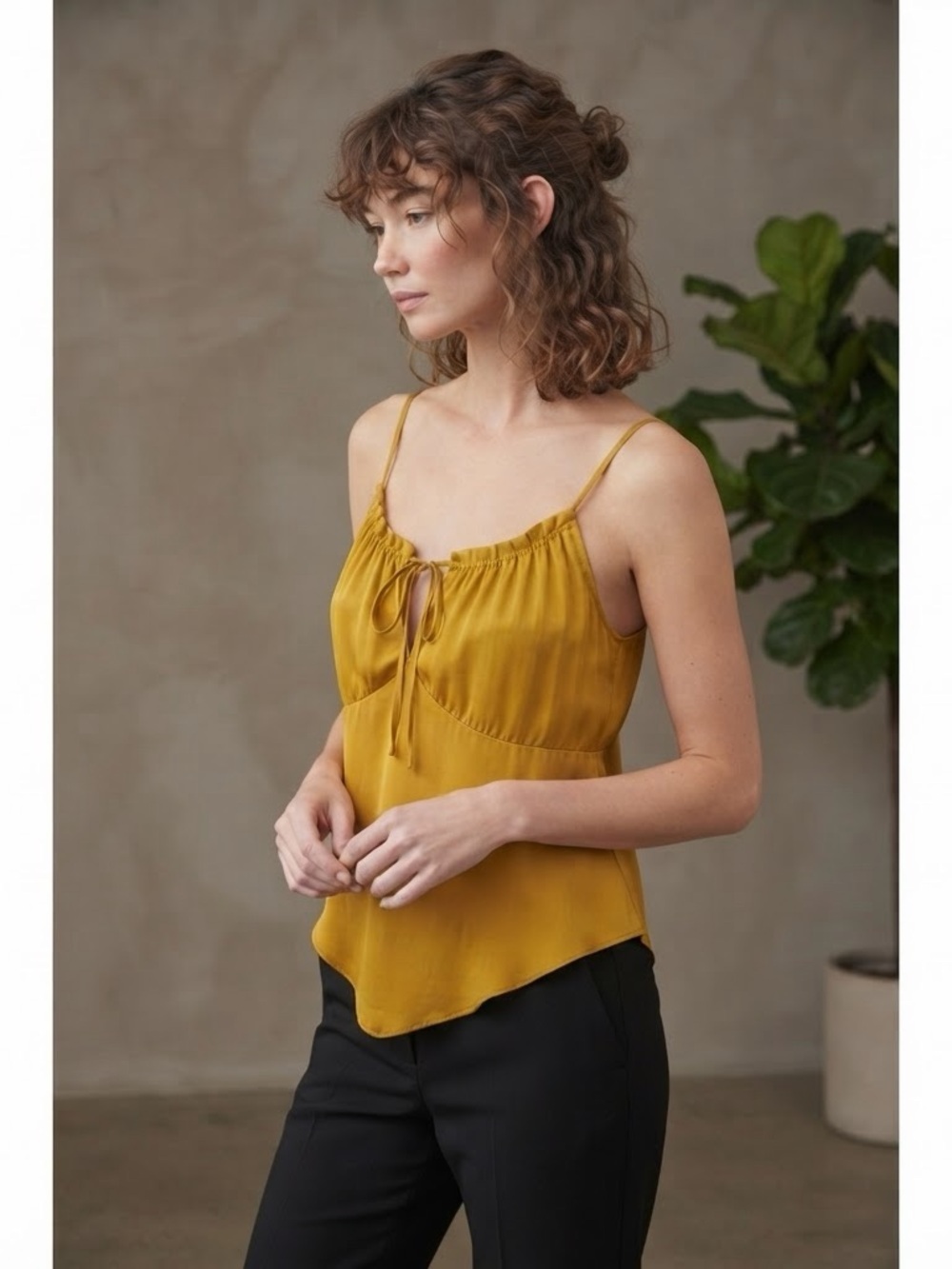 Free People Mustard Satin Tie-Front Camisole